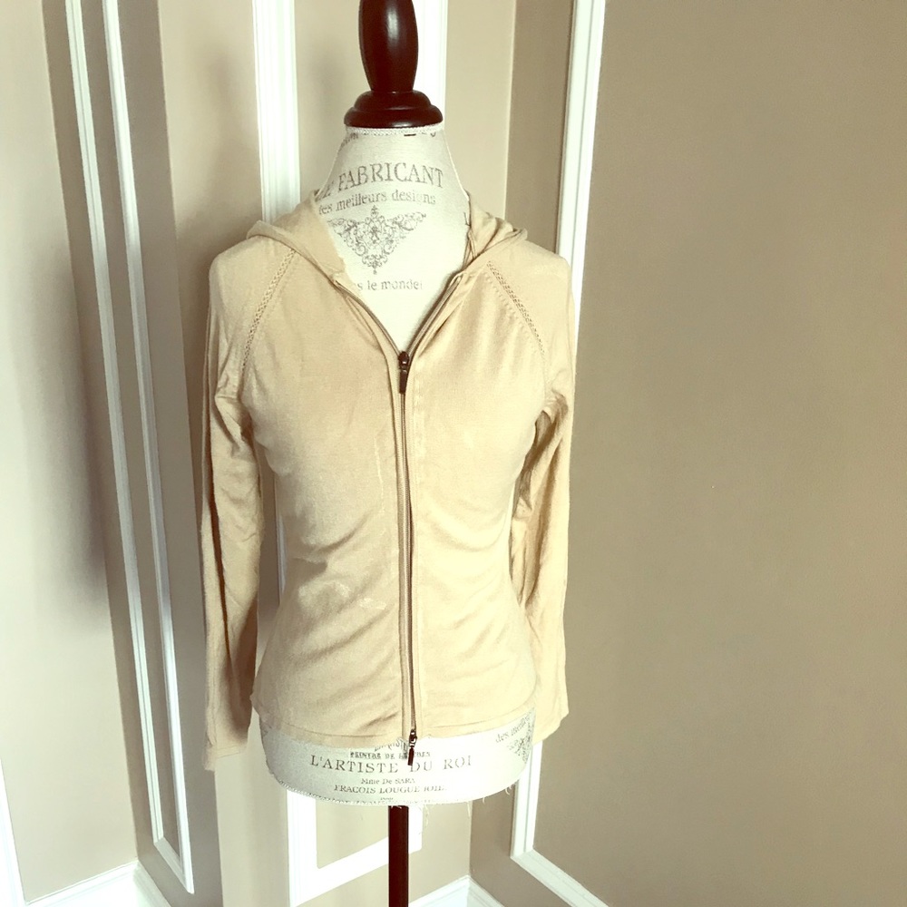 BCBG MaxAzaria Silk Blend Beige Zip Hoodie Sweater Sz S
